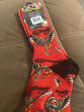 Ed Hardy Red Crew Socks with Multicolor Tattoo Graphics